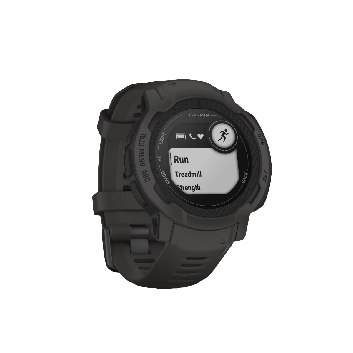 Garmin Instinct 2 smartwatch, graphite with rugged bezel; display shows Run, Treadmill, Strength