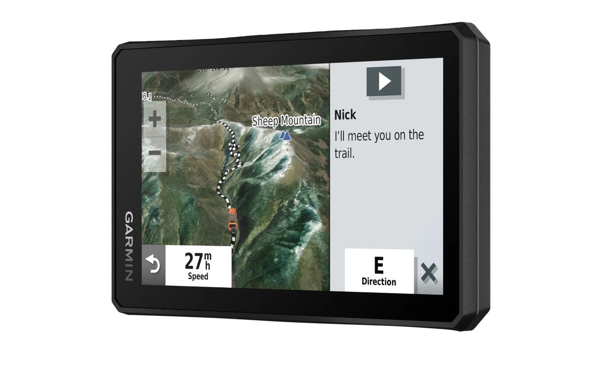 Garmin Tread Powersport GPS in black with rugged frame, map navigation display and vehicle icon on rugged touchscreen