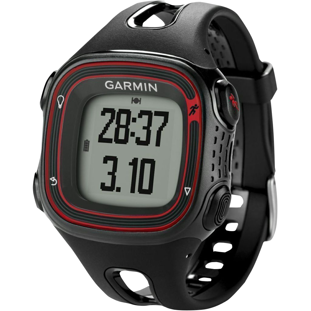 Garmin Forerunner 10 smartwatch, black with red accents, GPS running watch
