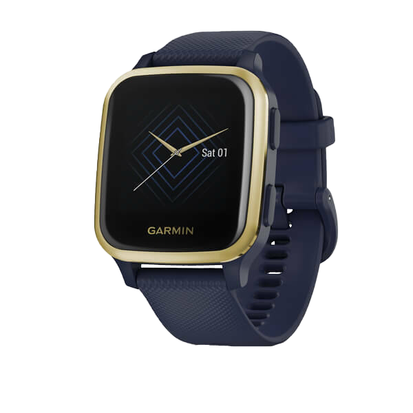 Garmin Venu Sq Music GPS smartwatch with navy band and light gold bezel