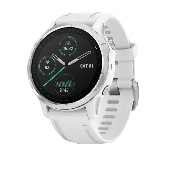 Garmin fenix 6S GPS smartwatch, white case with white band, Garmin certified refurbished.
