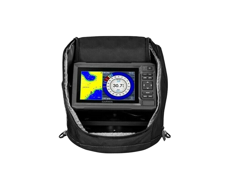Garmin ECHOMAP UHD 63cv Ice Fishing Bundle in black protective case with chartplotter display