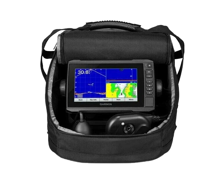 Garmin Panoptix PS22 Ice Fishing Bundle with ECHOMAP UHD 73cv display in a black carrying case