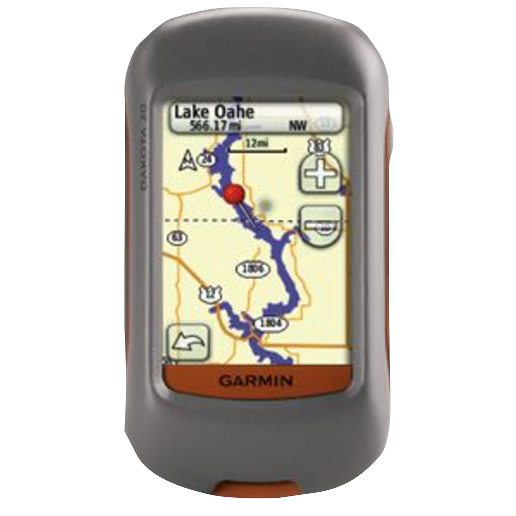 Garmin Dakota 20 rugged outdoor GPS handheld; gray housing with orange bottom and Garmin logo