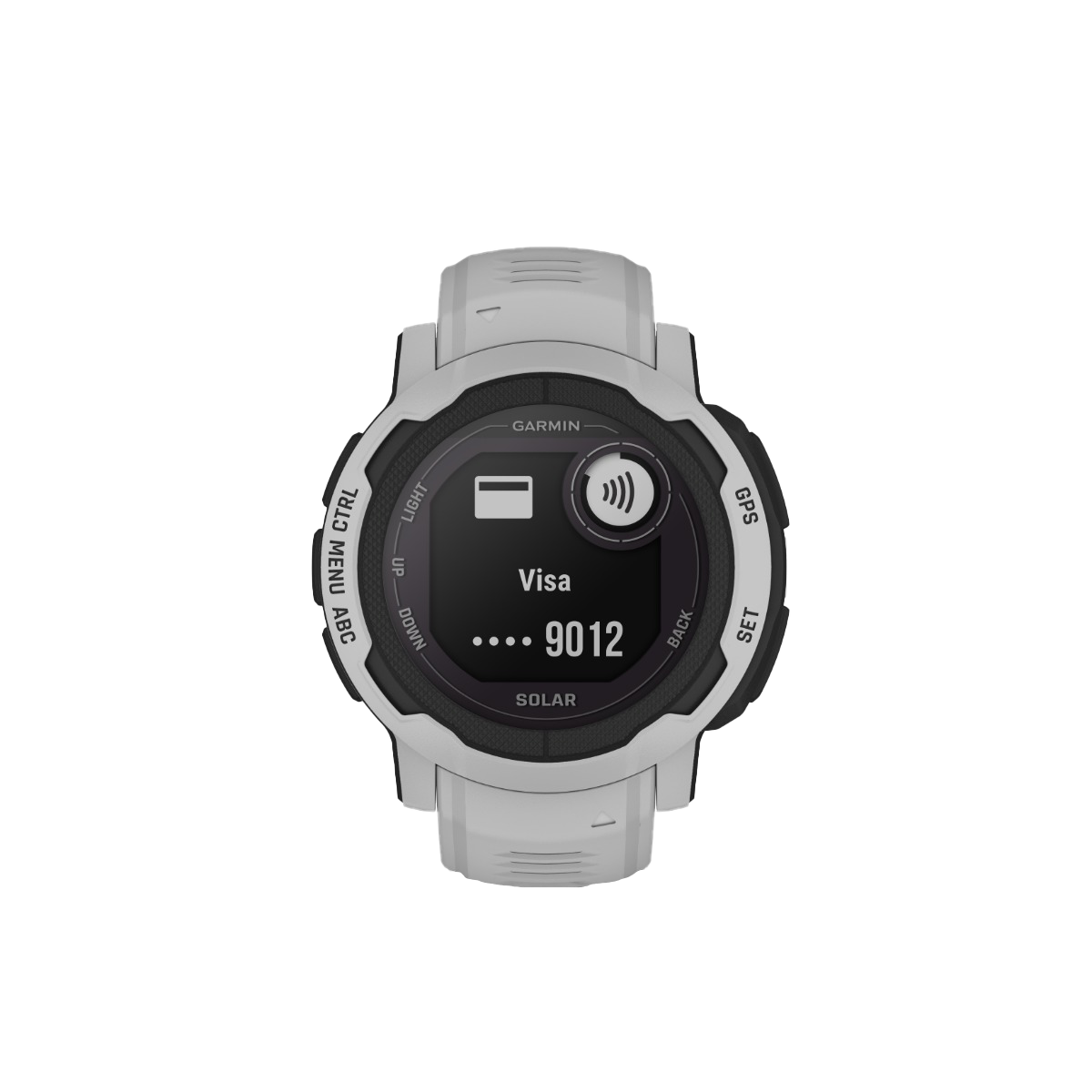 Garmin Instinct 2 Solar smartwatch, Mist Gray with light-gray band.
