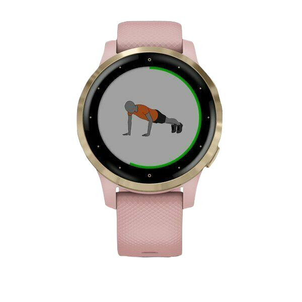 Garmin Vivoactive 4S GPS smartwatch with light gold case and dust rose silicone band, certified refurbished
