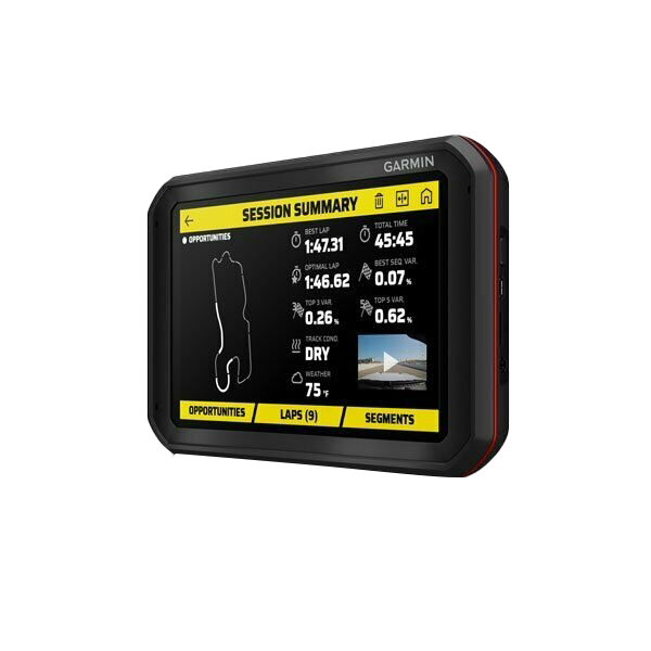 Garmin Catalyst Driving Performance Optimizer, certified refurbished GPS navigation device with black housing and yellow interface
