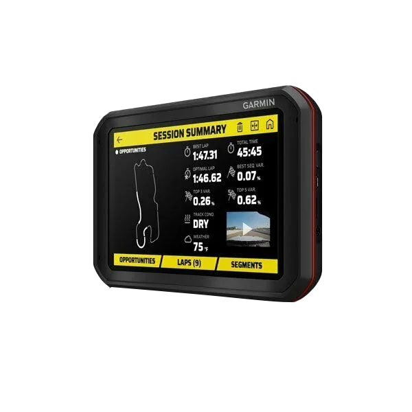 Garmin Catalyst Driving Performance Optimizer, certified refurbished GPS navigation device with black housing and yellow interface