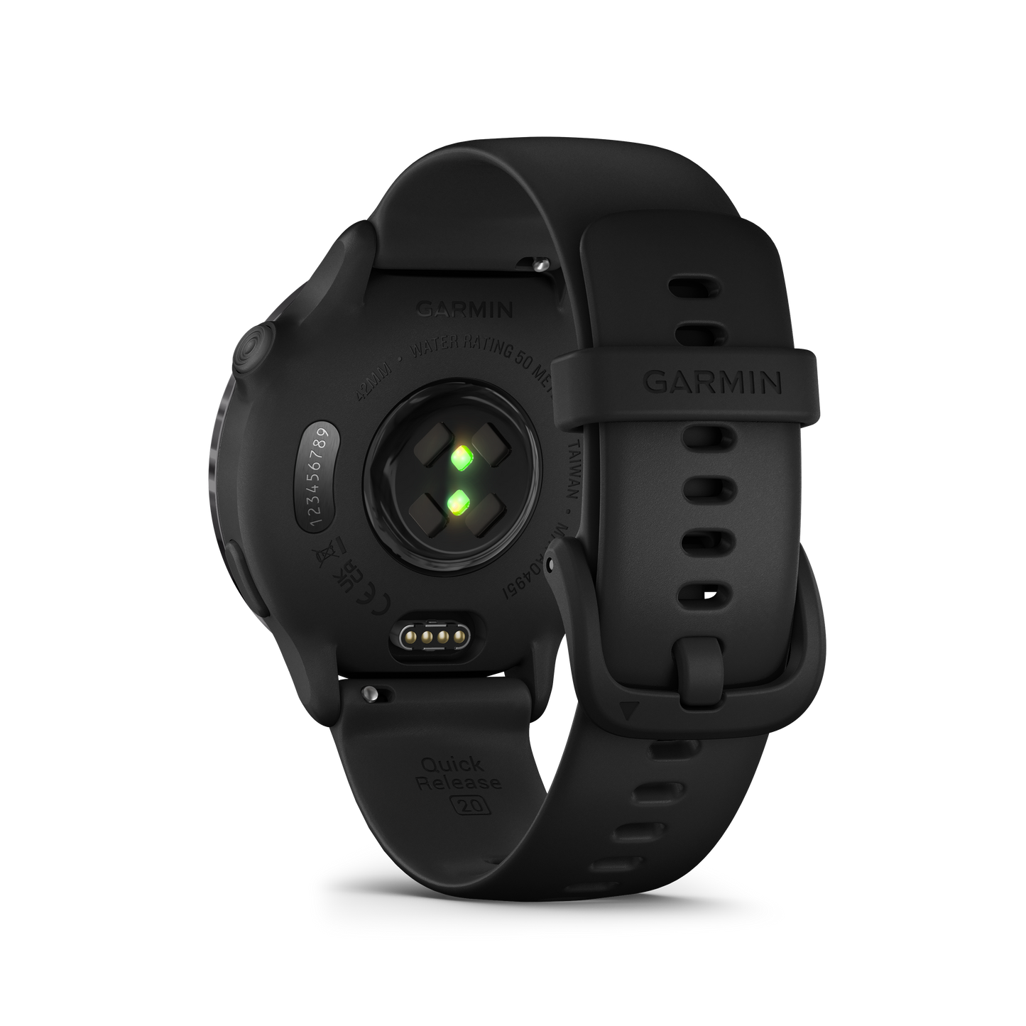 Garmin Vivoactive 6 smartwatch back view with slate body and black band.
