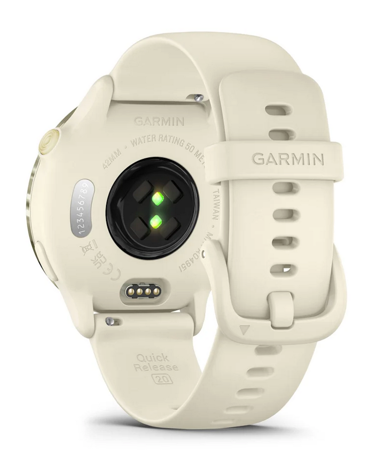 Garmin Vivoactive 6 smartwatch, Lunar Gold with Bone Band, back view (010-02985-01)