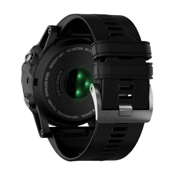 Garmin Descent Mk1 dive smartwatch with black silicone band and stainless steel case back