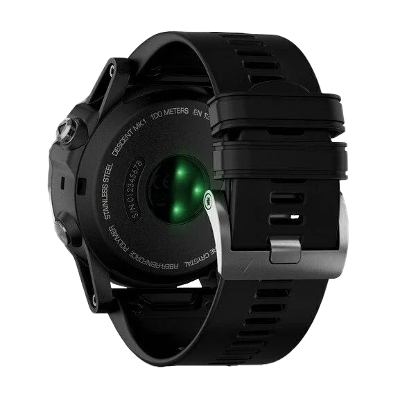 Garmin Descent Mk1 dive smartwatch with black silicone band and stainless steel case back