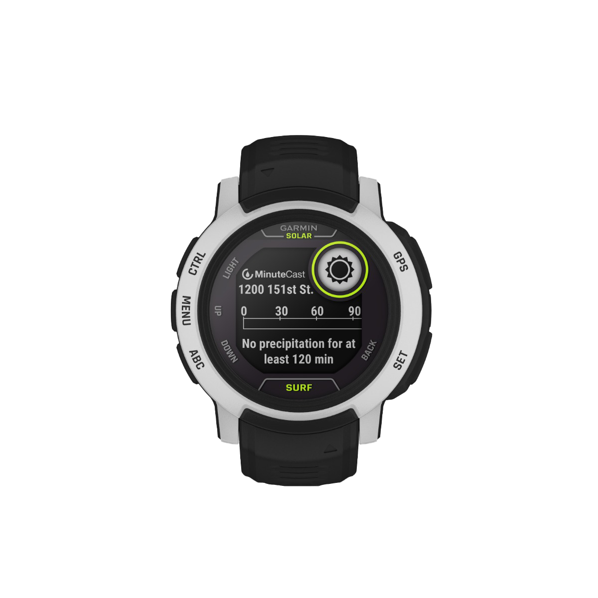 Garmin Instinct 2 Solar Surf Edition smart watch with black silicone band.