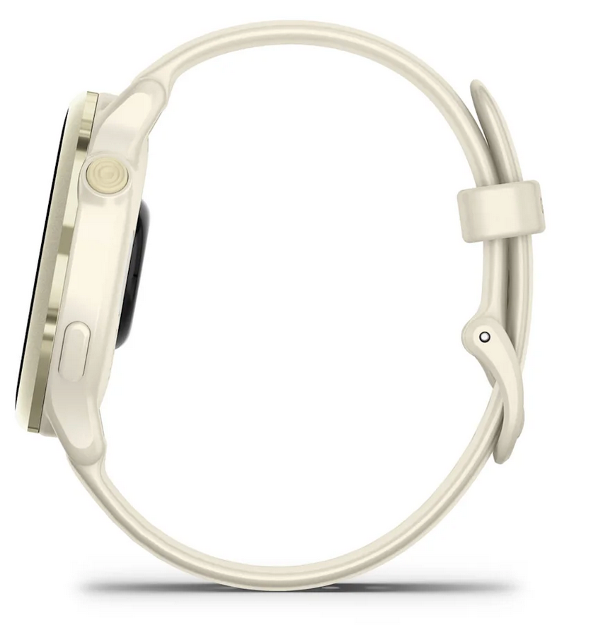 Garmin Vivoactive 6 smartwatch in Lunar Gold with Bone Band, side view