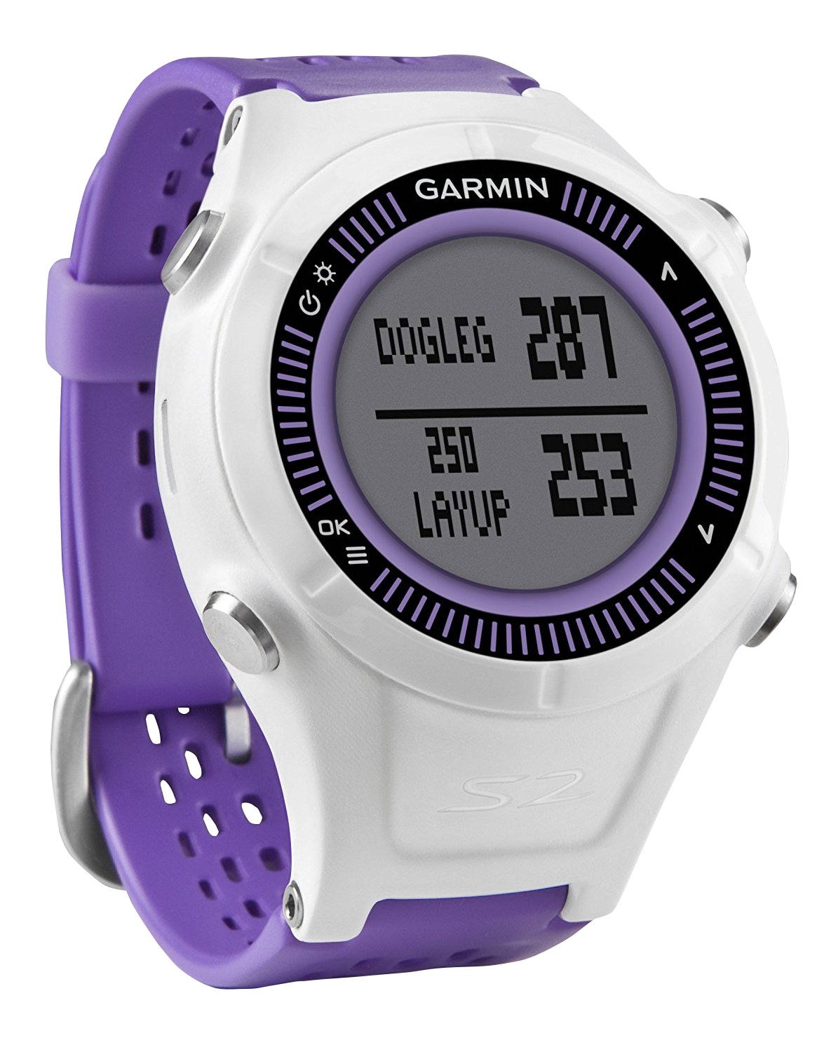Garmin Approach S2 golf GPS smartwatch, purple strap with white bezel, refurbished