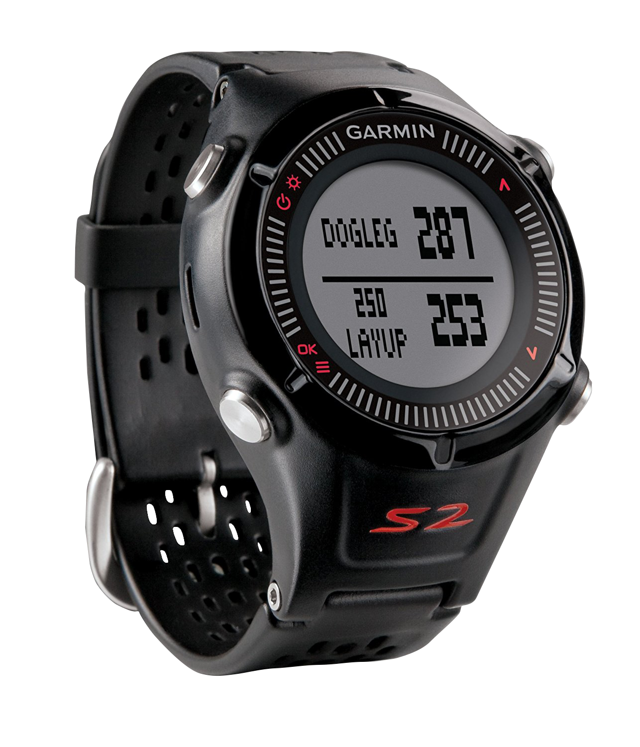 Garmin Approach S2 golf GPS smartwatch, black with perforated strap and built-in rangefinder
