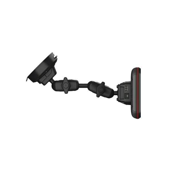 Garmin Catalyst driving performance optimizer mounted on adjustable black car mount with red edge