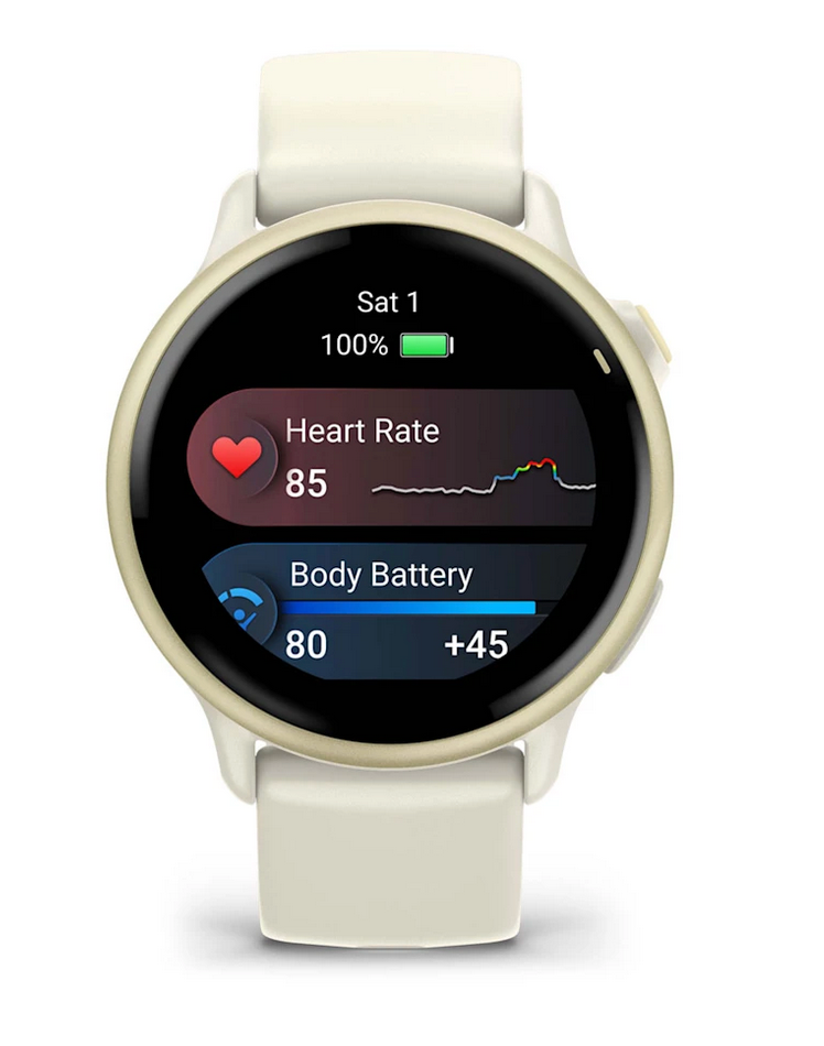 Garmin Vivoactive 6 smartwatch with Lunar Gold bezel and Bone Band