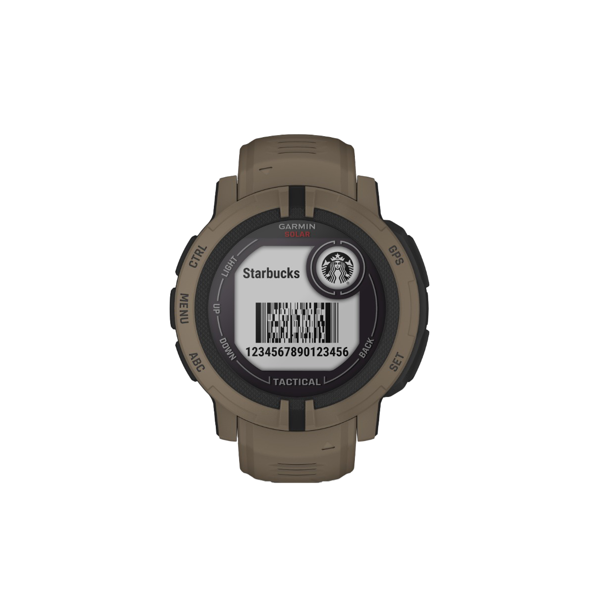Garmin Instinct 2 Solar Tactical Edition watch in coyote tan; Garmin branding and Starbucks logo visible.
