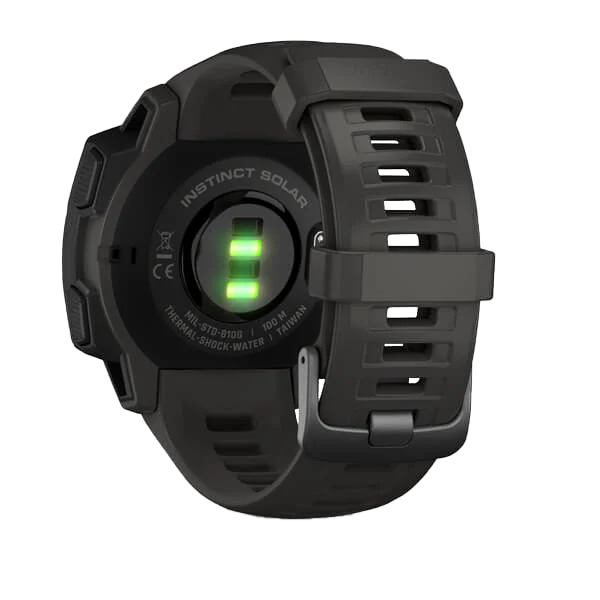Garmin Instinct Solar Graphite smartwatch back view with dark gray silicone strap and green optical sensor