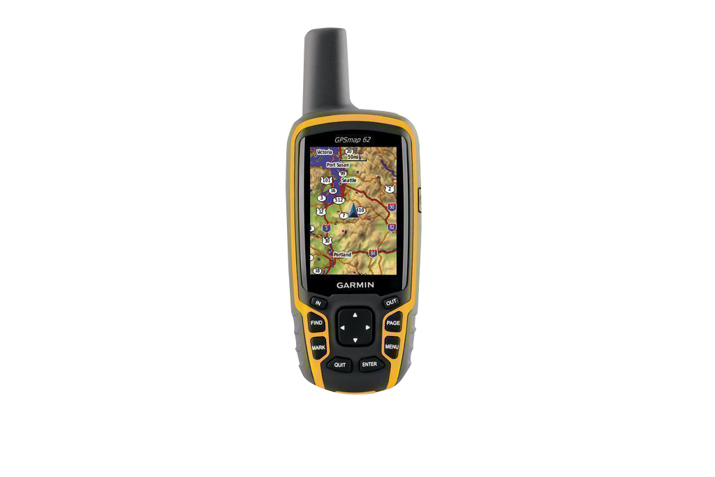 Garmin GPSMAP 62 handheld GPS with maps, yellow and gray rugged outdoor unit