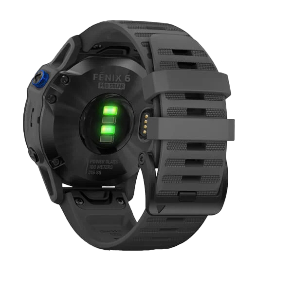 Garmin Fenix 6 Pro Solar smartwatch with black body and slate-gray band.