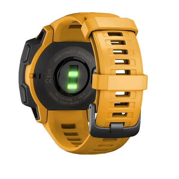 Garmin Instinct Solar Sunburst smartwatch with orange band; back shows green charging indicator