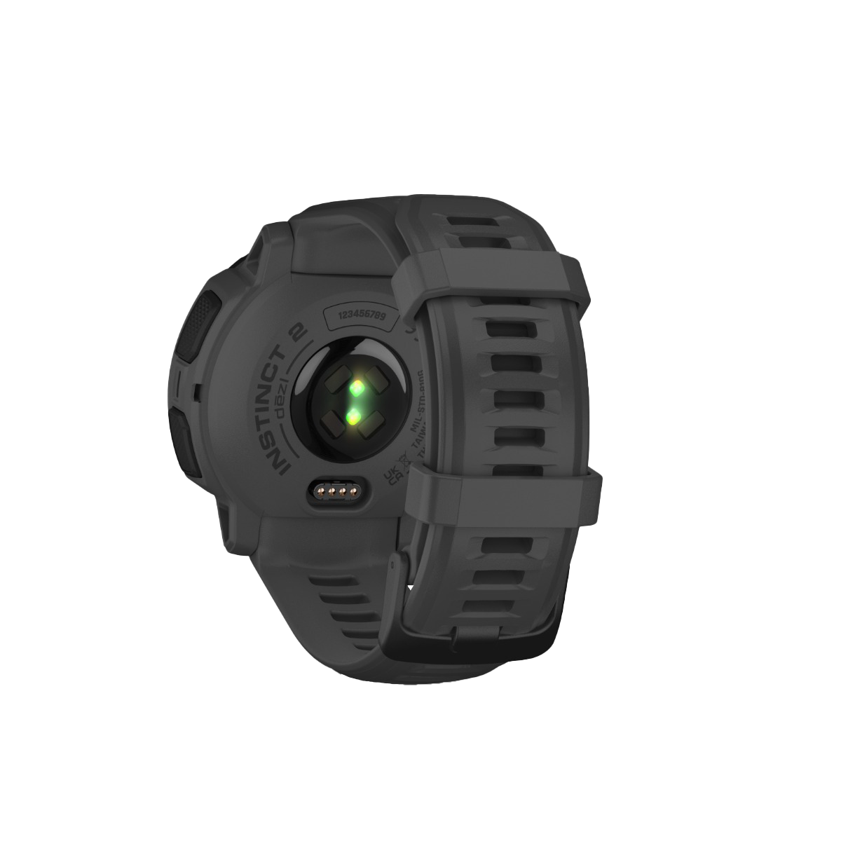 Garmin Instinct 2 Dezl Edition smartwatch back view with charcoal-gray silicone strap and green sensor LEDs
