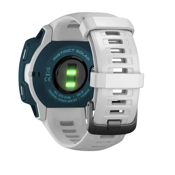 Garmin Instinct Solar smartwatch, Cloudbreak, refurbished; white band, blue case