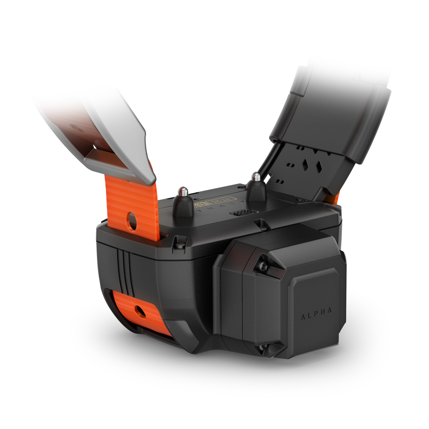 Garmin Alpha TT 25 dog collar with orange strap and black GPS unit.