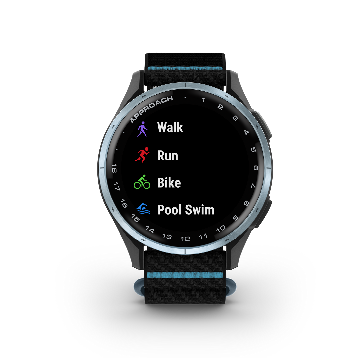 Garmin Approach J1 golf GPS smartwatch with cloud-blue aluminum bezel and black ComfortFit band