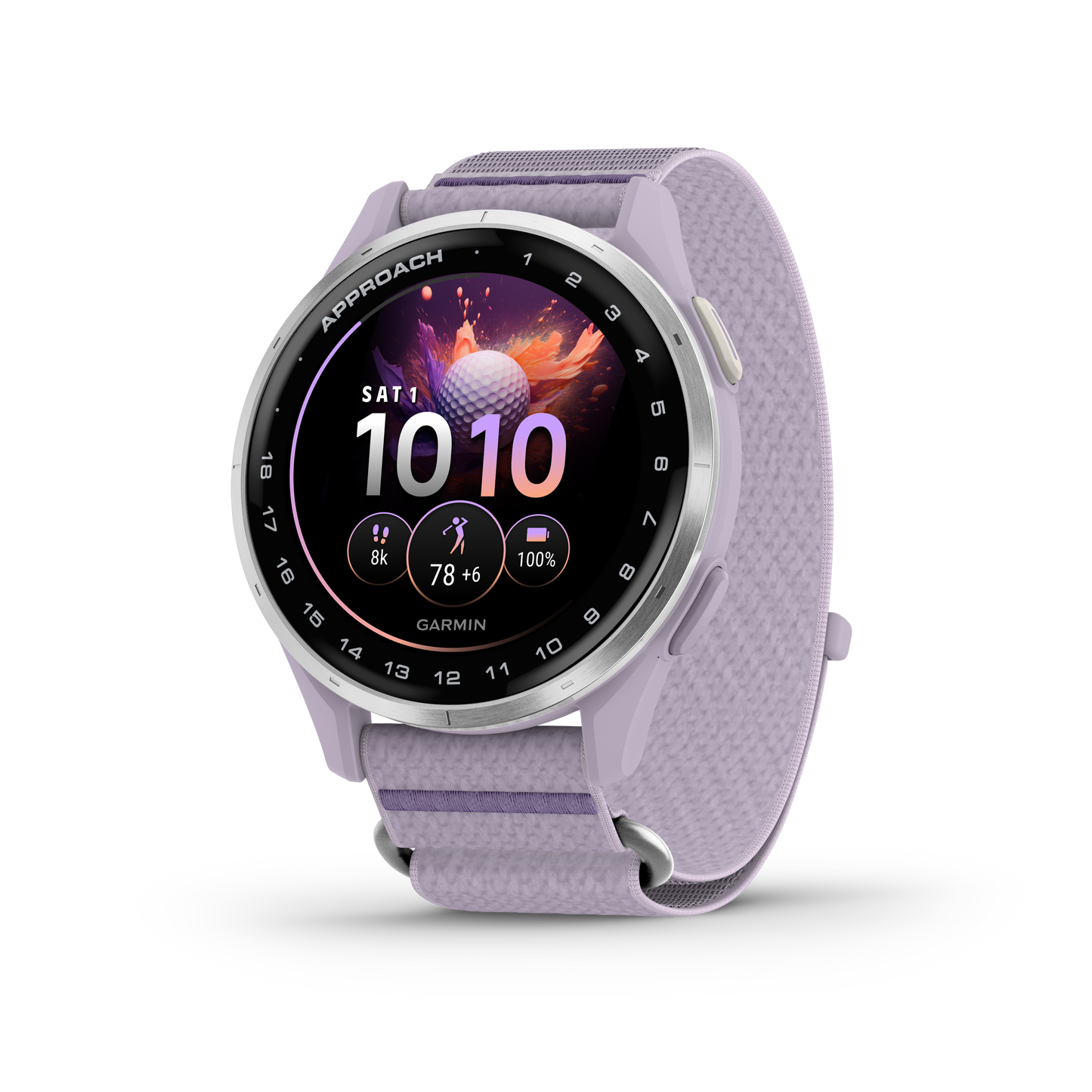 Garmin Approach J1 Junior GPS smartwatch with silver aluminum bezel and lilac ComfortFit band.