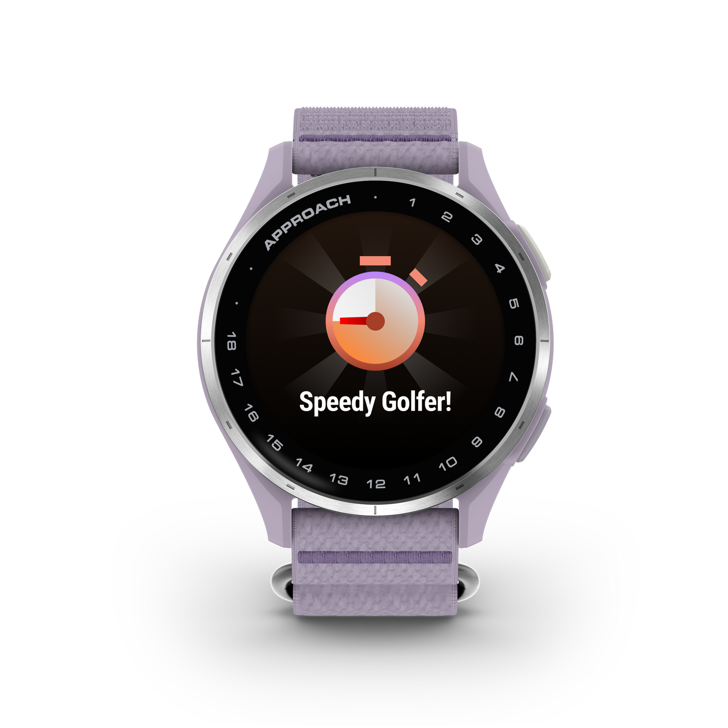 Garmin Approach J1 smartwatch with silver aluminum bezel and lilac ComfortFit band