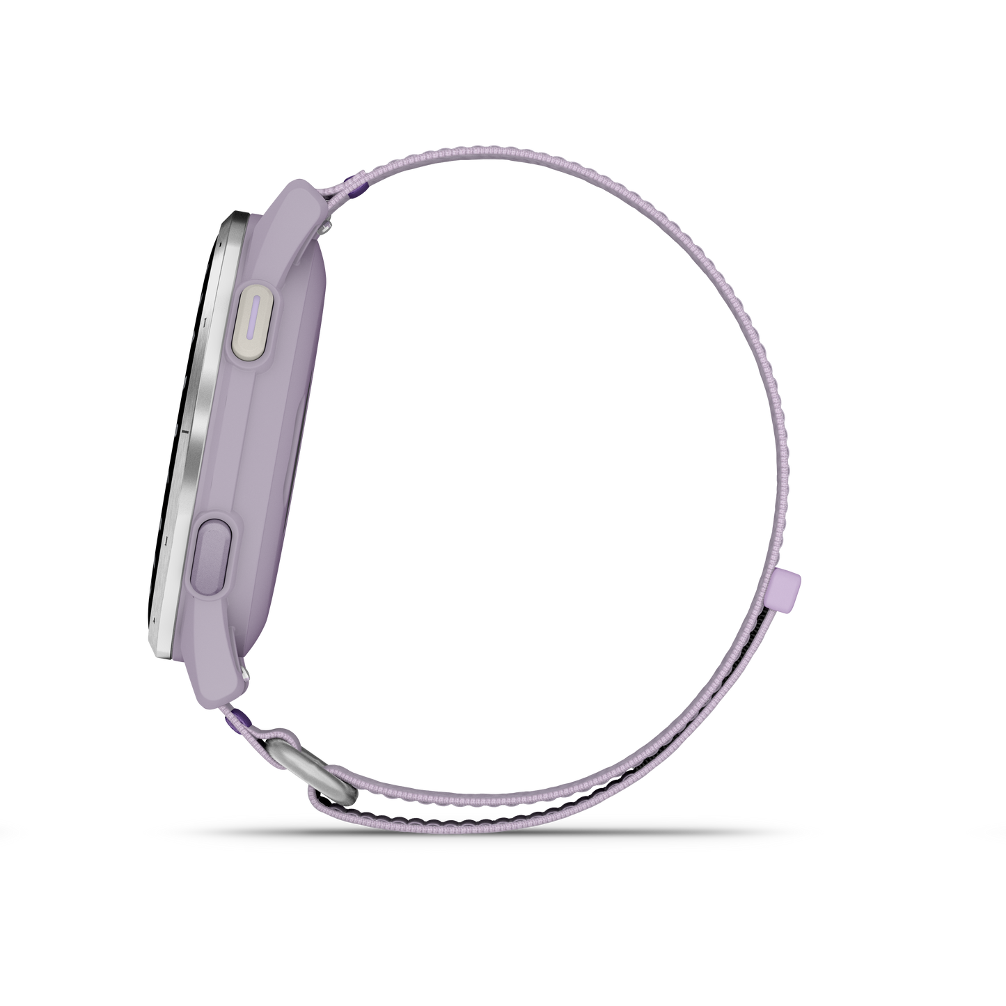 Garmin Approach J1 Junior GPS smartwatch with silver aluminum bezel and lilac ComfortFit band
