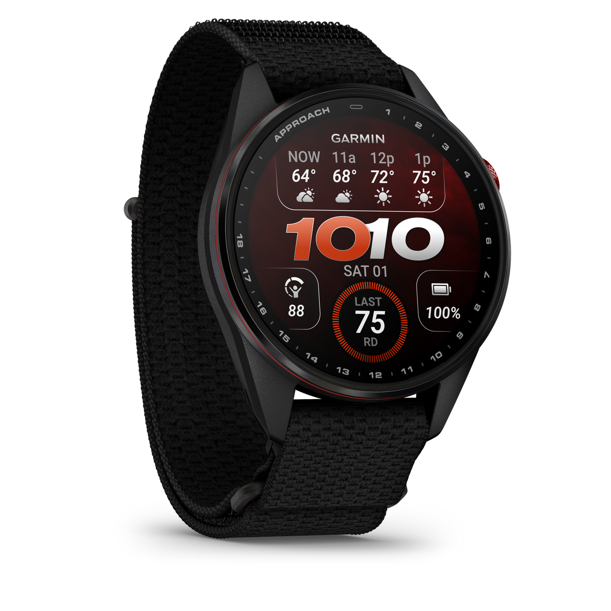 Garmin Approach S72 smartwatch 47 mm carbon gray/red with DLC titanium bezel and black ComfortFit fabric band