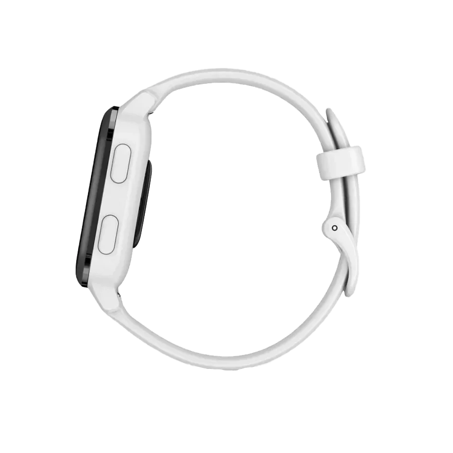 Garmin Venu Sq Music GPS smartwatch with slate aluminum bezel and white silicone band