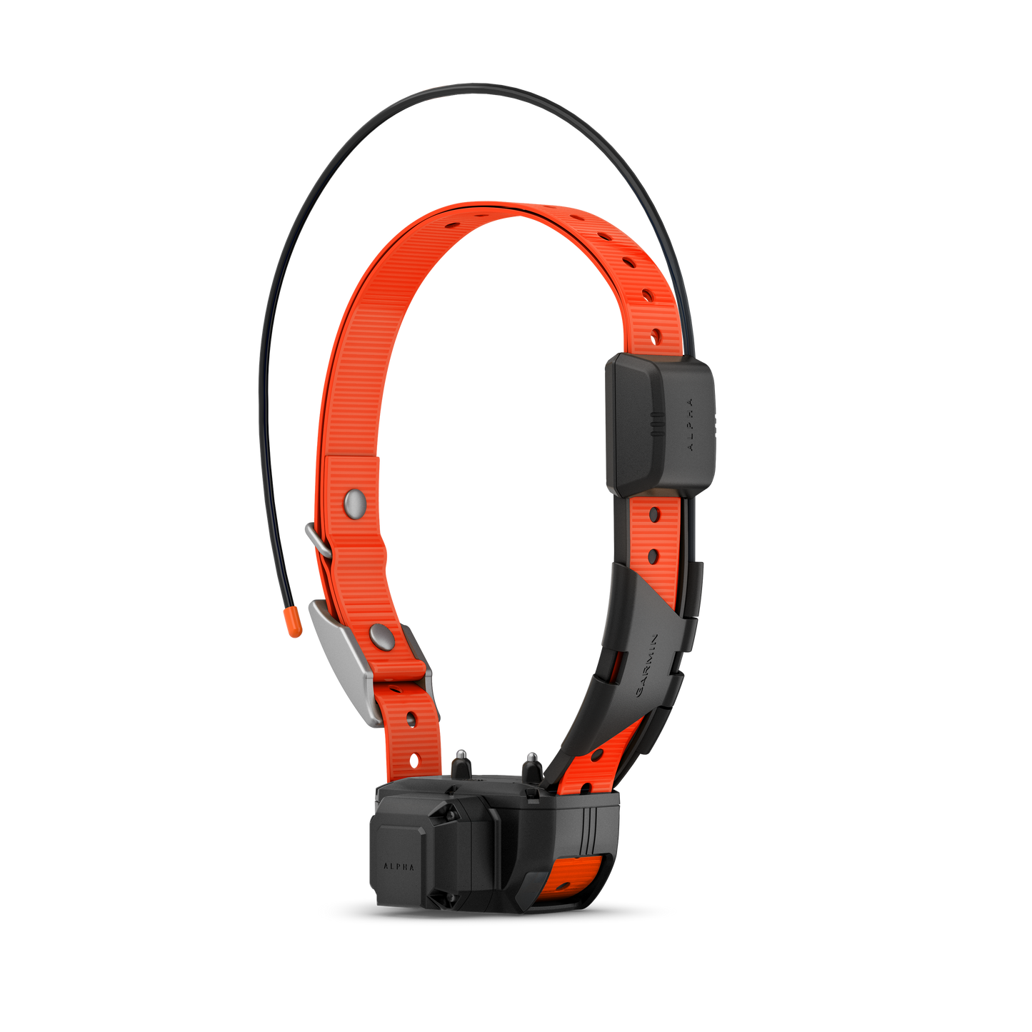 Garmin Alpha TT 25 dog collar with orange strap and black tracking beeper module