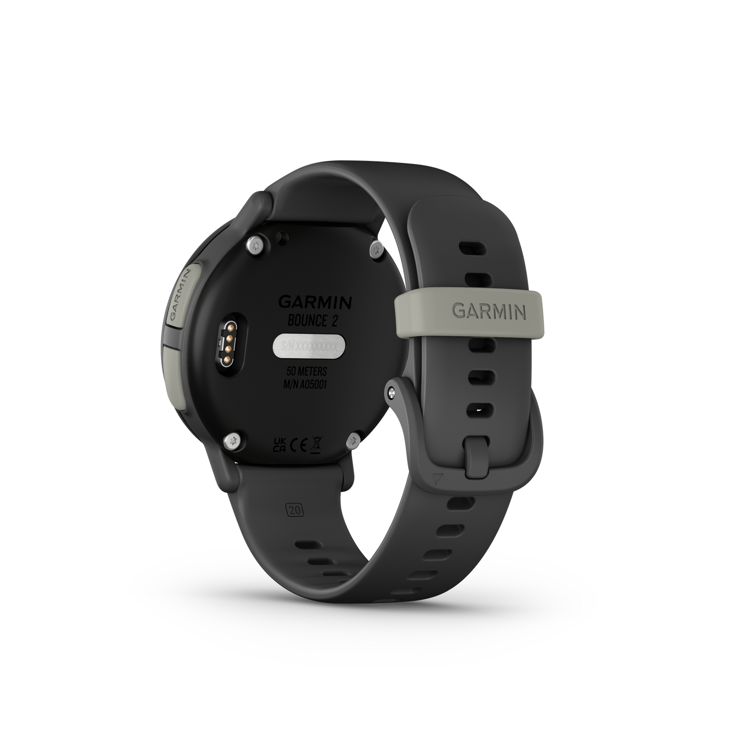 Garmin Bounce 2 smartwatch in slate gray with silicone strap