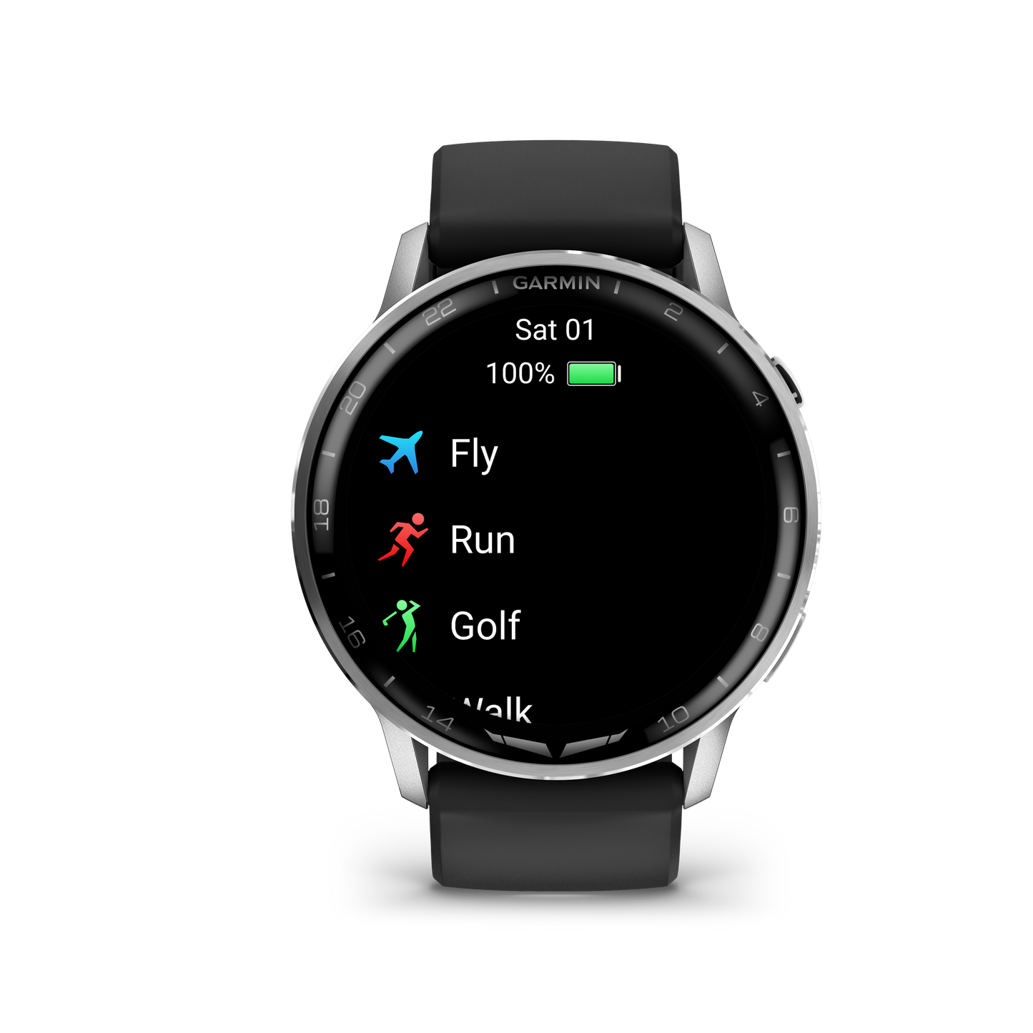 Garmin D2 Air X15 Smartwatch with silver case and black silicone band showing Fly, Run, Golf activity icons.