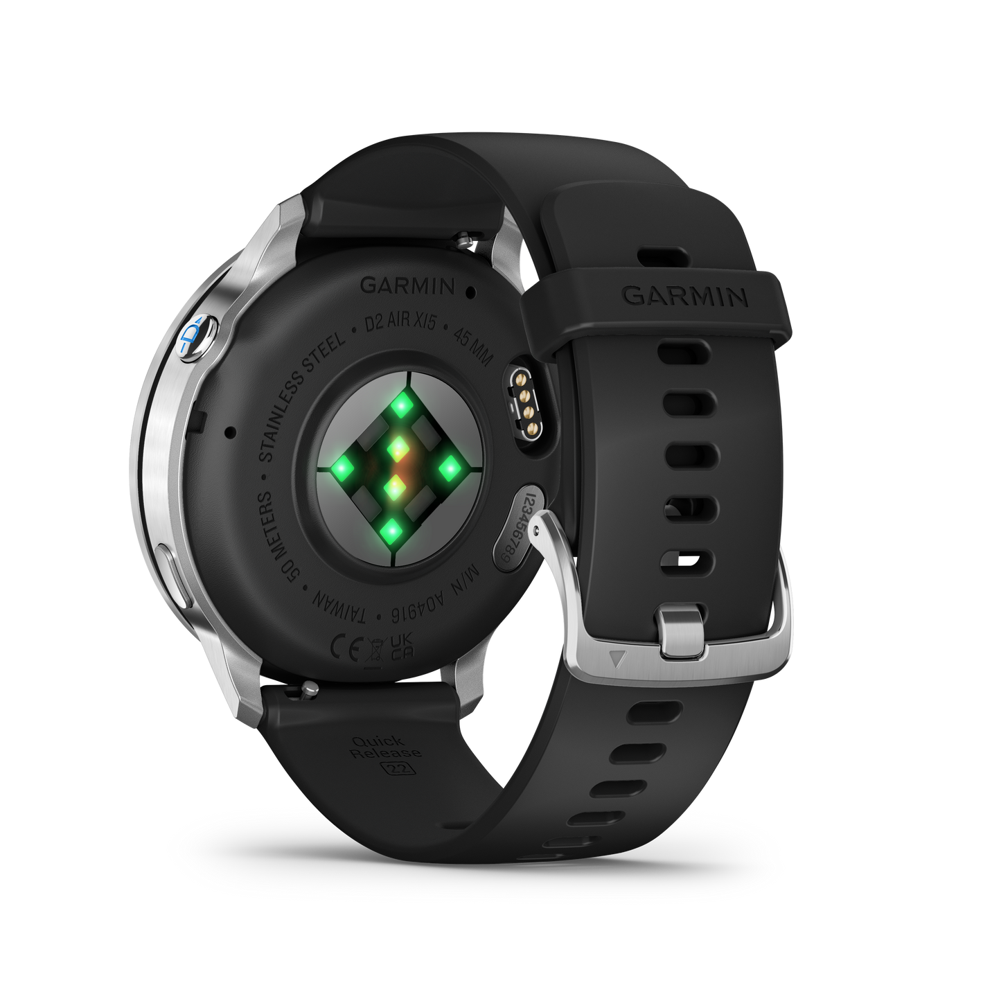 Garmin D2 Air X15 smartwatch, silver case with black silicone band, rear with green LED heart-rate sensor array.