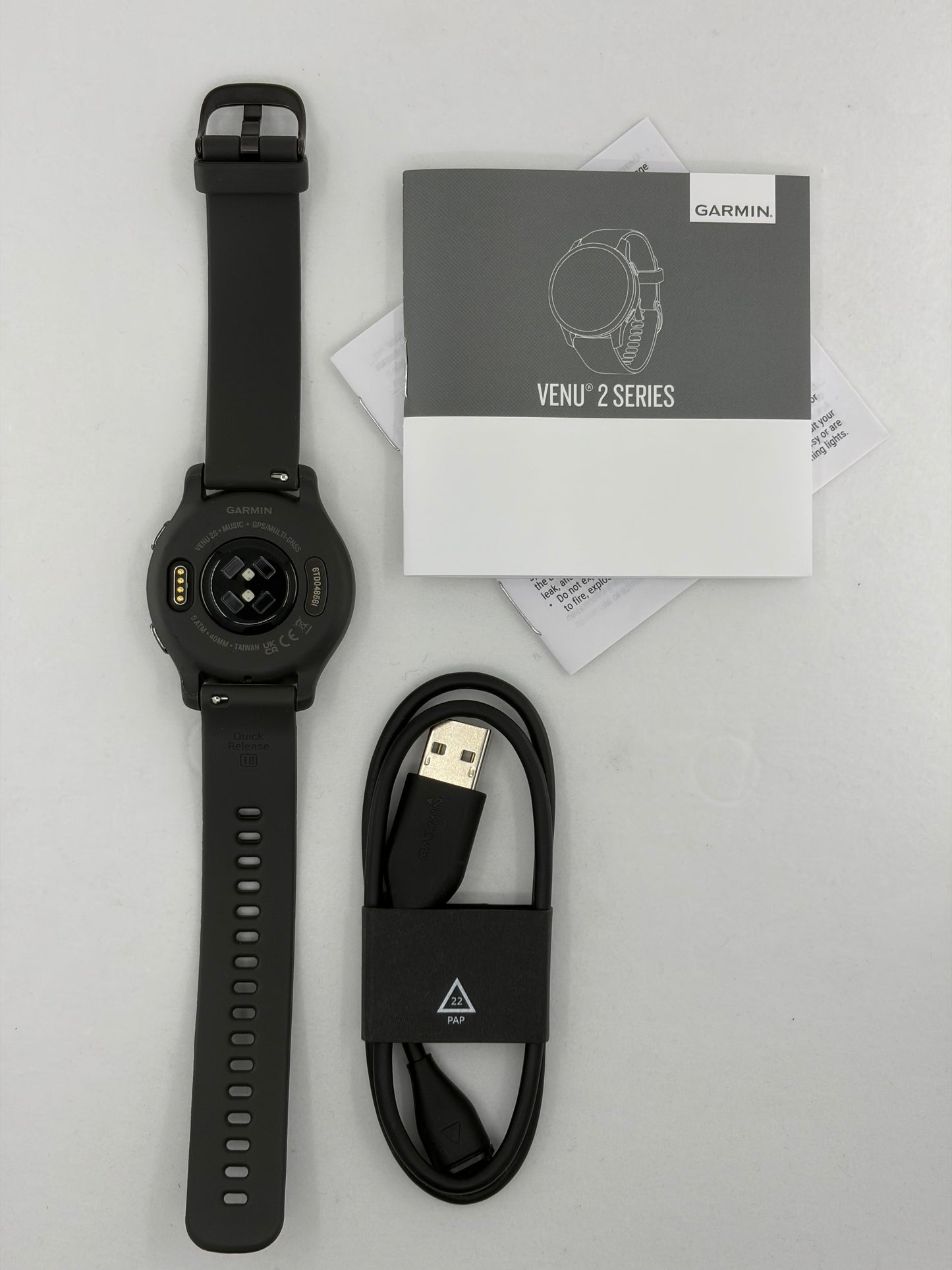 Garmin Venu 2s smartwatch, slate bezel with graphite case, certified refurbished, includes charging cable.