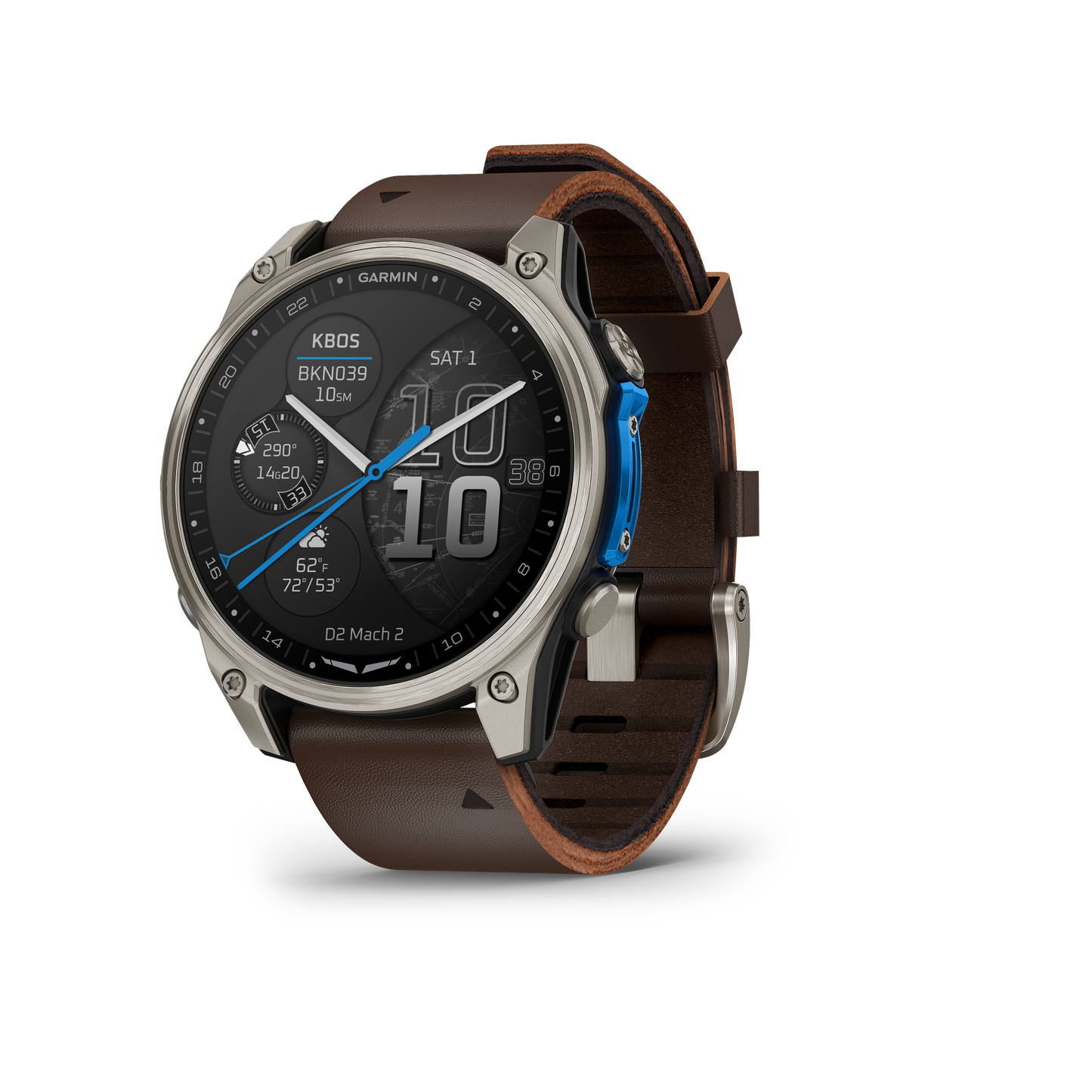 Garmin D2 Mach 2 smartwatch, 47 mm titanium case with oxford brown leather strap