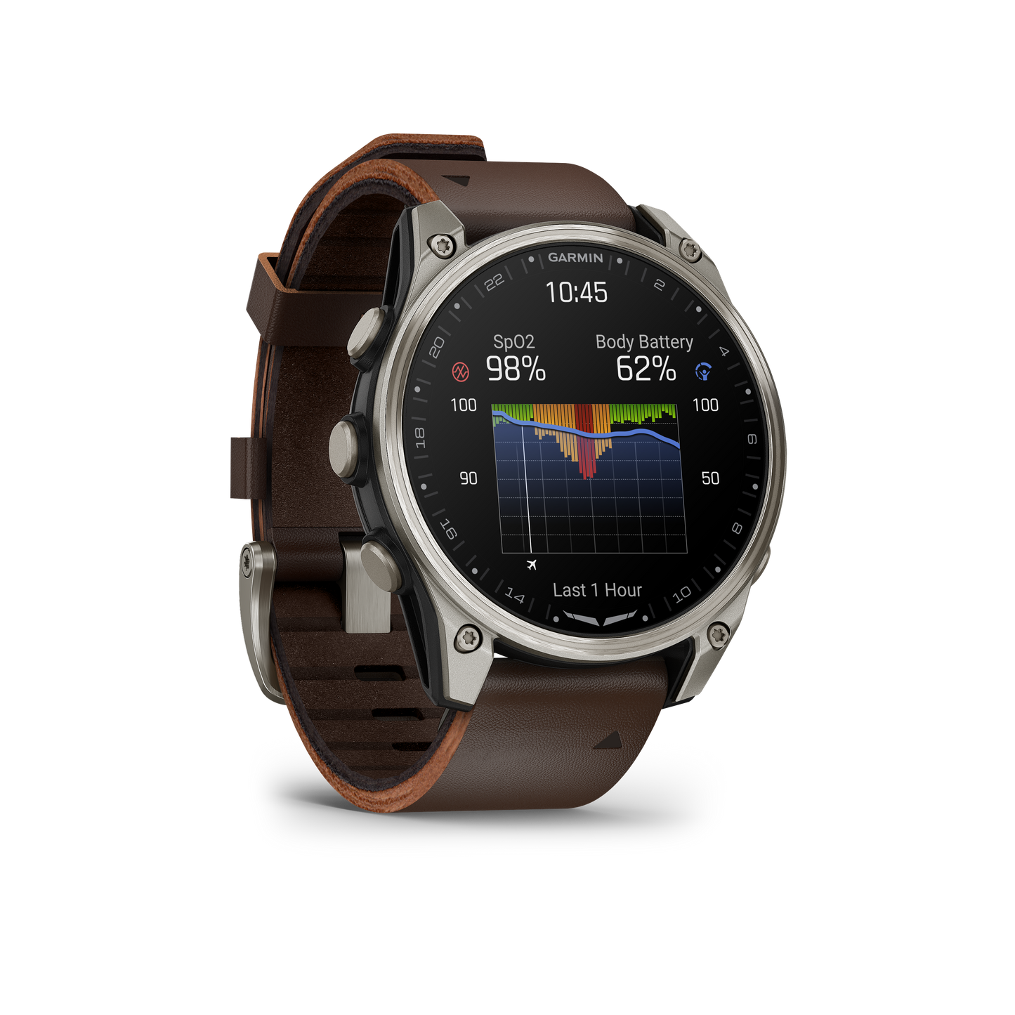 Garmin D2 Mach 2 47mm titanium smartwatch with Oxford Brown leather band
