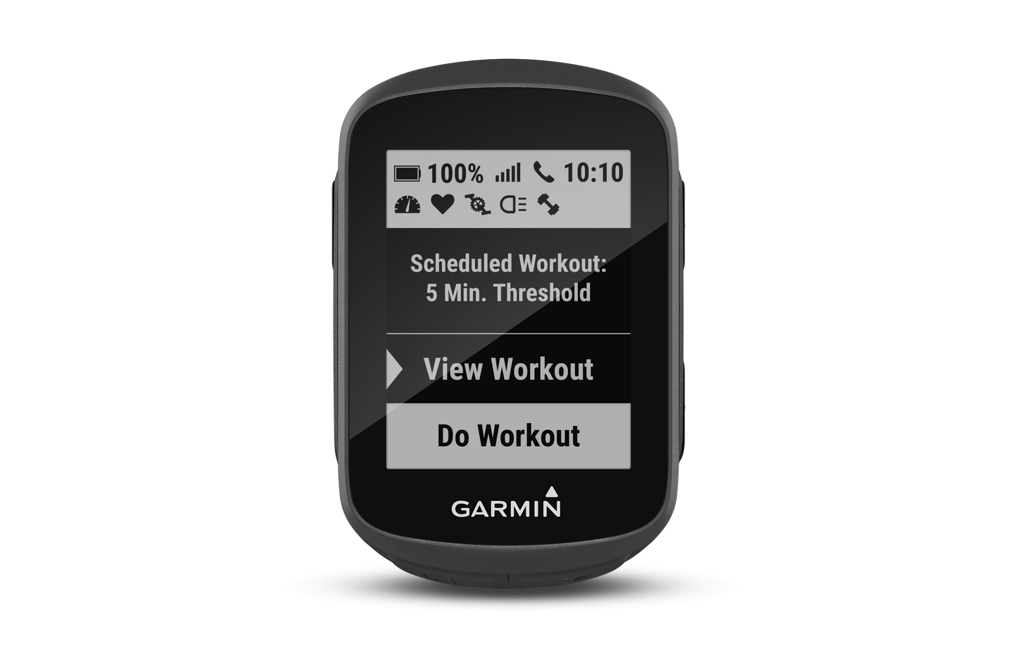 Garmin Edge 130 Plus bicycle computer with grayscale display showing a scheduled workout menu.