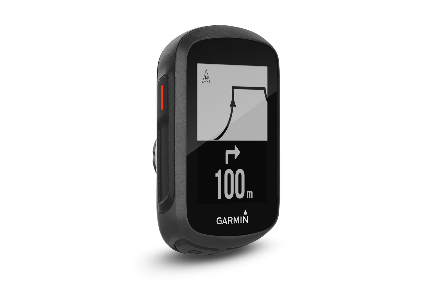Garmin Edge 130 Plus bike computer, black GPS device with navigation arrow and 100 m distance on screen