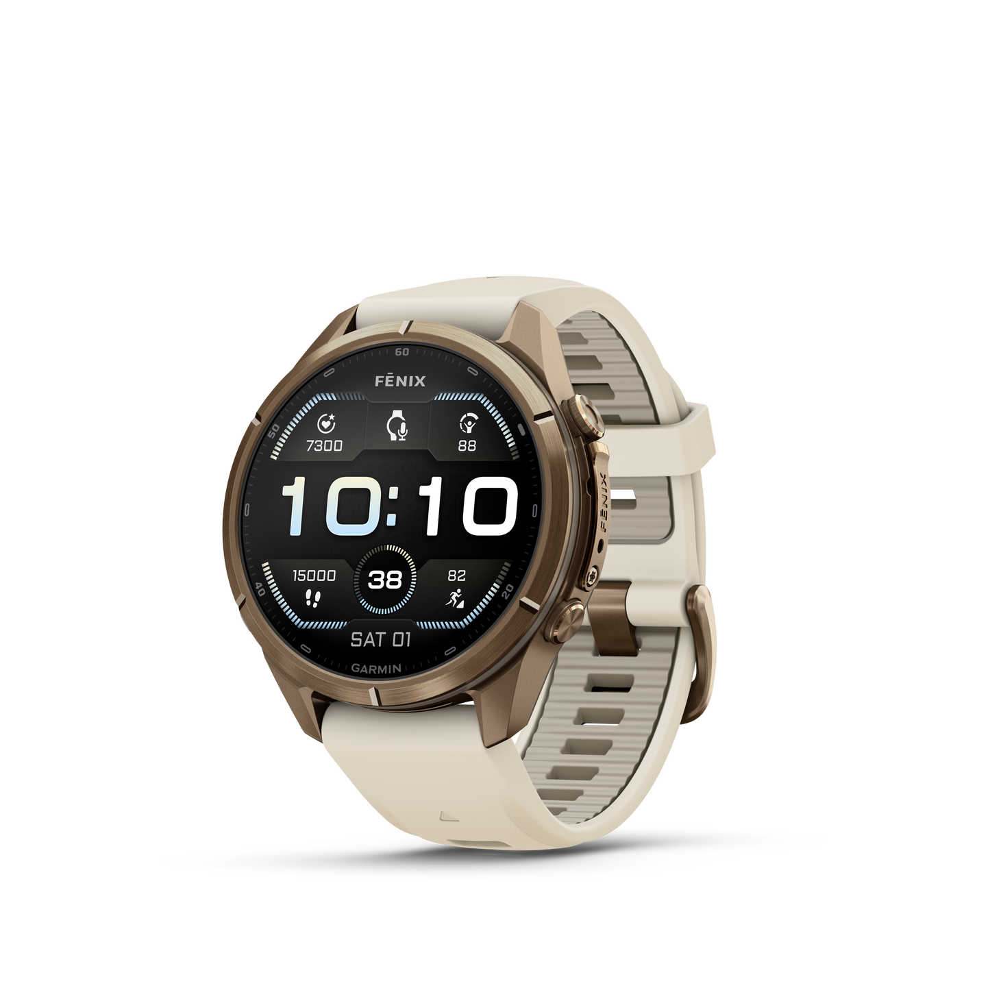 Garmin Fenix 9 Pro AMOLED, (43mm), Gold Titanium w/ Cream and Gray Silicone Band (010-04335-25)