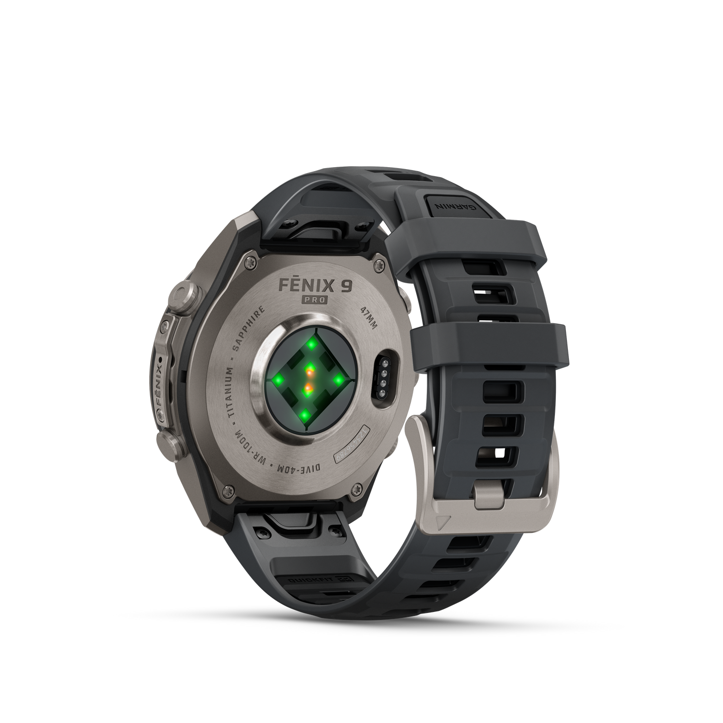 Garmin Fenix 9 Pro AMOLED 47mm titanium smartwatch with graphite and black silicone band