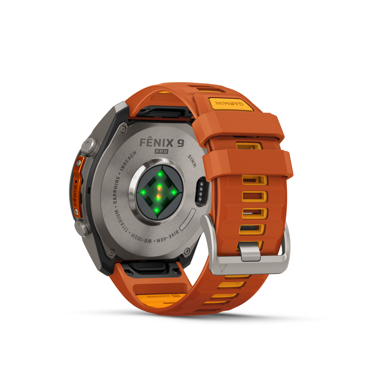 Garmin Fenix 9 Pro inReach AMOLED smartwatch, 51mm titanium case with orange silicone band.