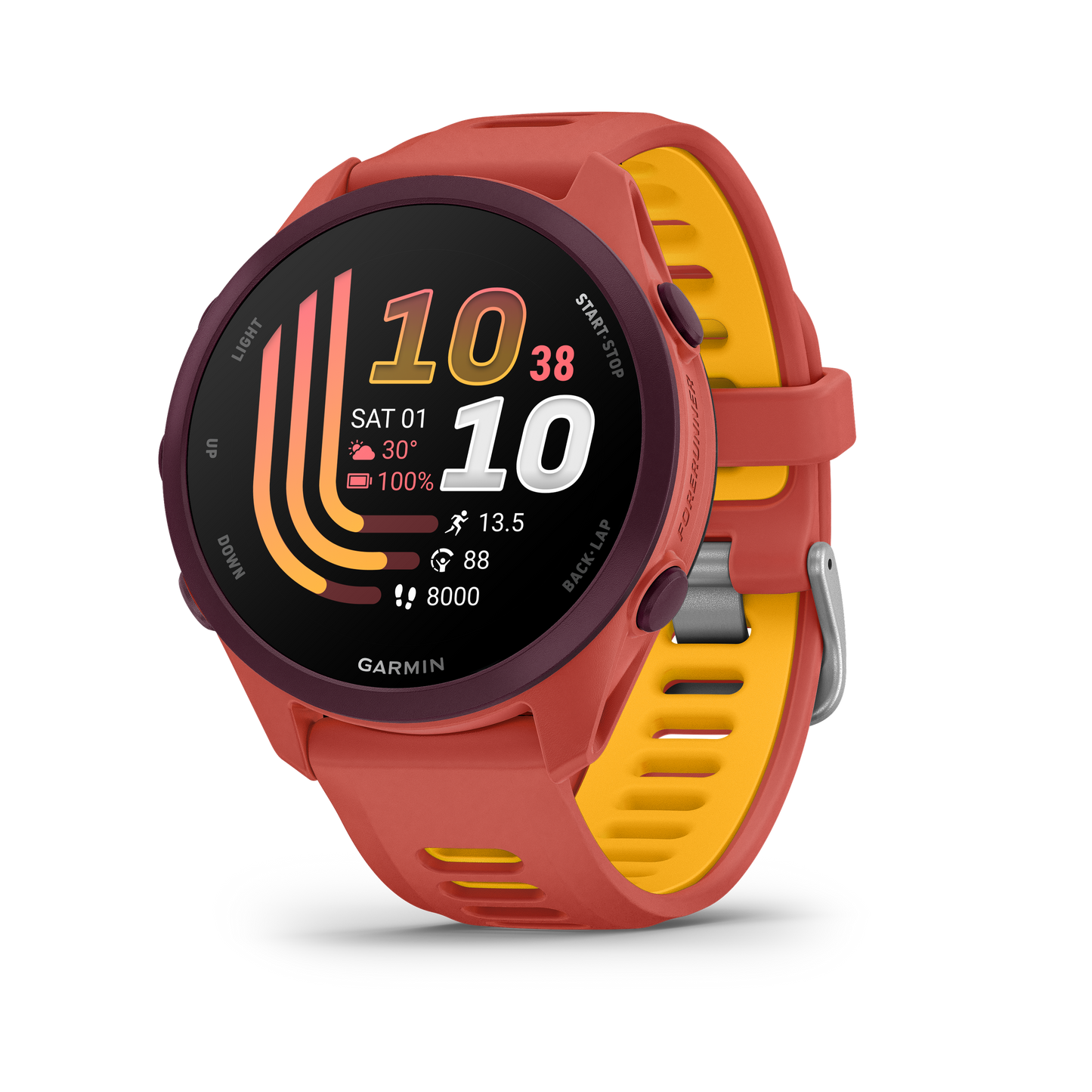 Garmin Forerunner 170 Music smart watch with red-pink outer band and mango-yellow strap.