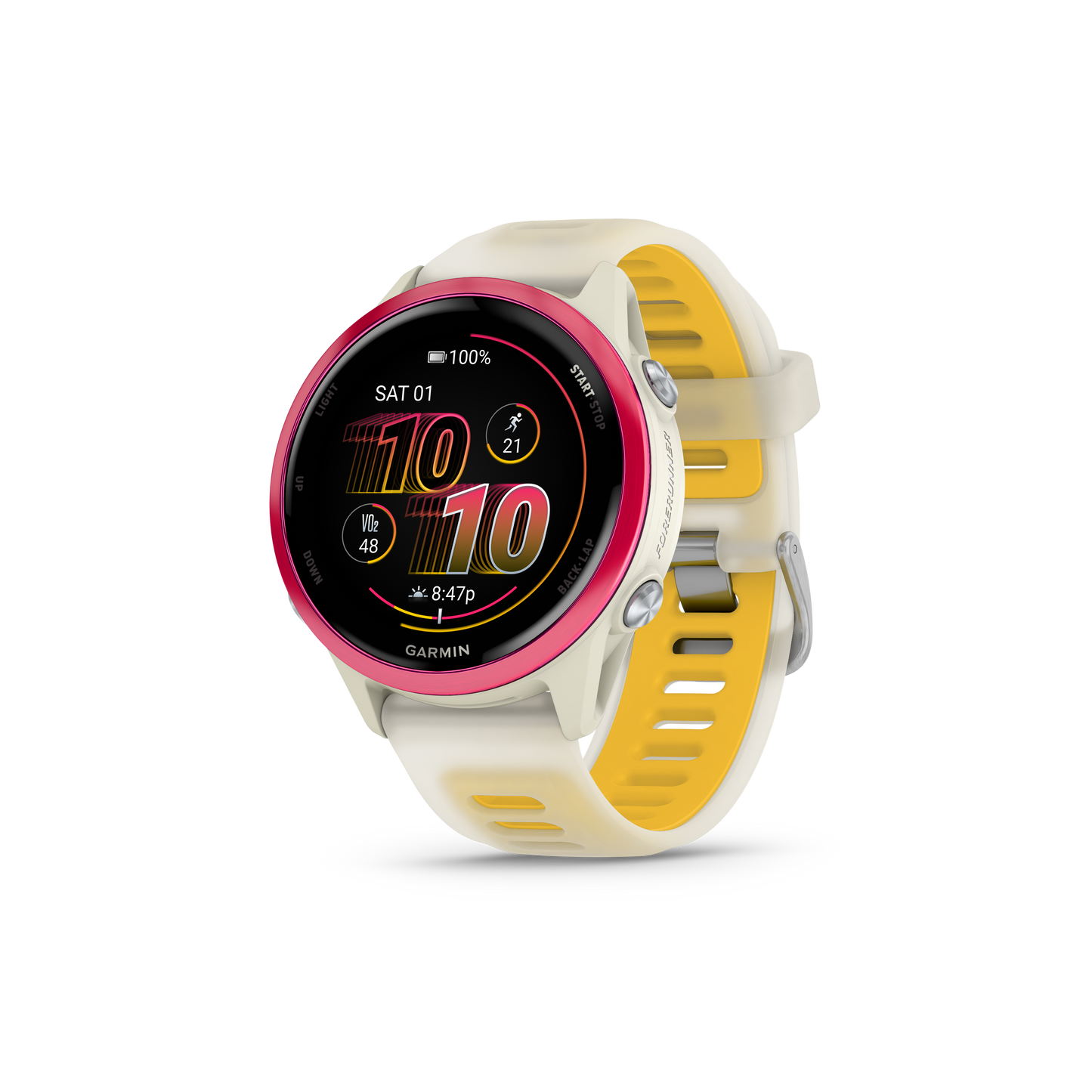 Garmin Forerunner 570 smartwatch, 42mm, raspberry bezel with bone/mango band